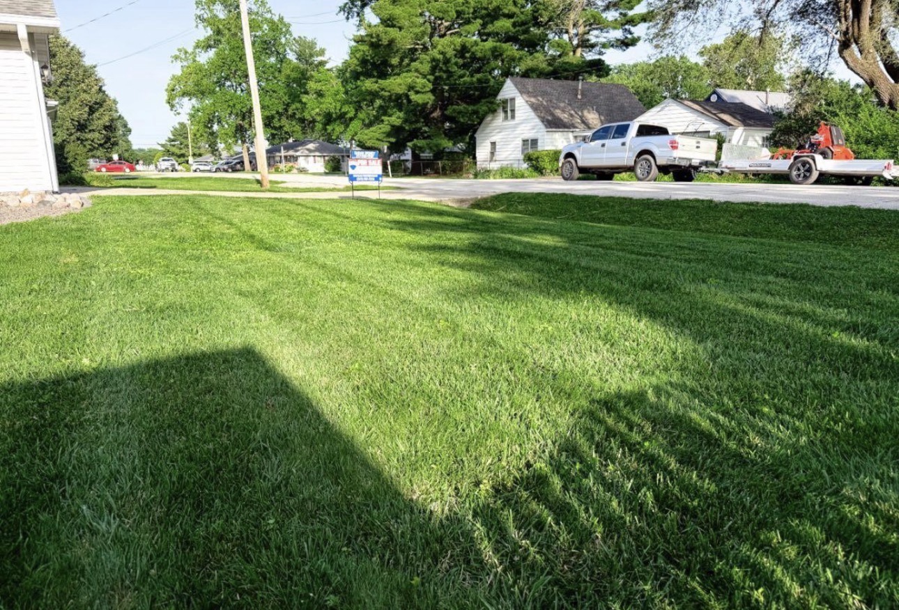 Evening lawn cut with clean lines and long shadows